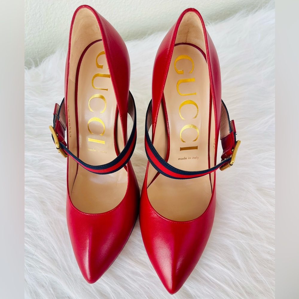 New! GUCCI “Mary Jane” inspired
RED Leather Sylvie Web Strap Heels Size 38.5 - Picture 8 of 14